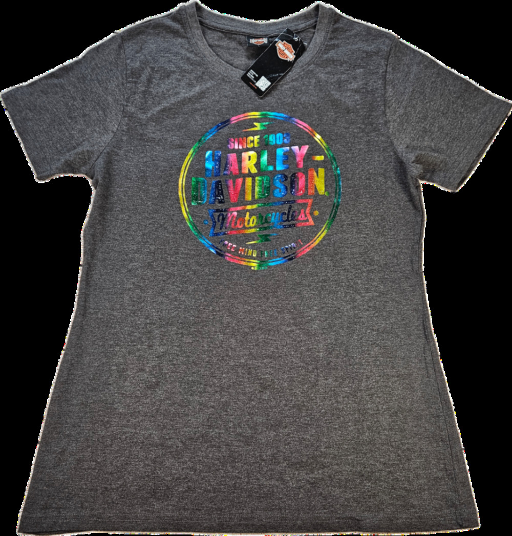 NEW Harley-Davidson Women's Gray L T-Shirt Rainbow Graphic Cotton Blend Top